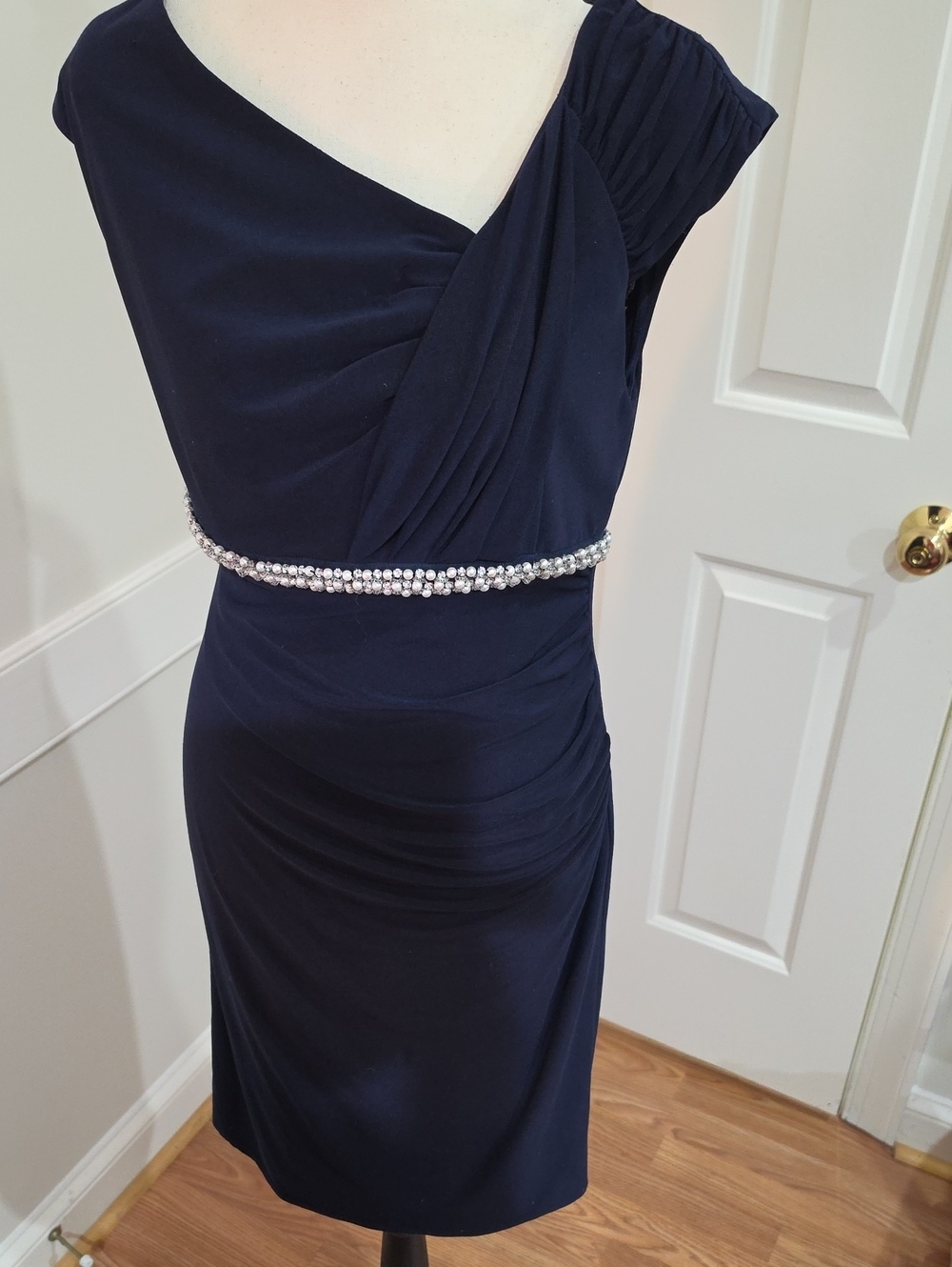 RSVP Navy Blue Ruched Sheath Cocktail Dress - Size 6 - Pearl & Bead Embellished
